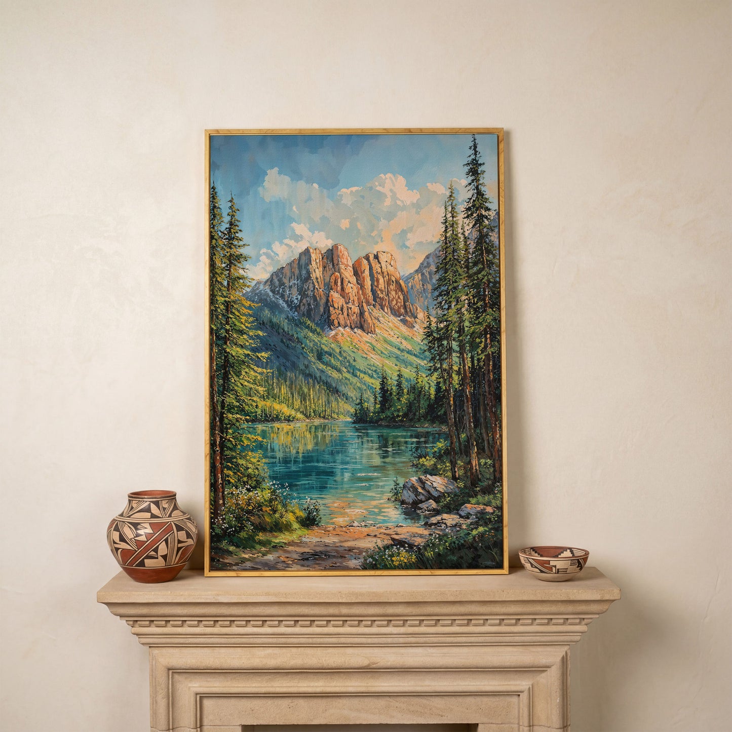 Mountain Wilderness Canvas. Panoramic Lake and Pine in white oak floating frame