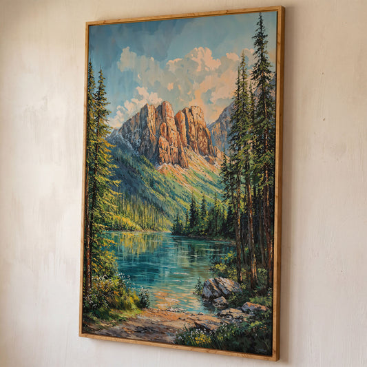 Mountain Wilderness Canvas. Panoramic Lake and Pine shown in white oak floating frame