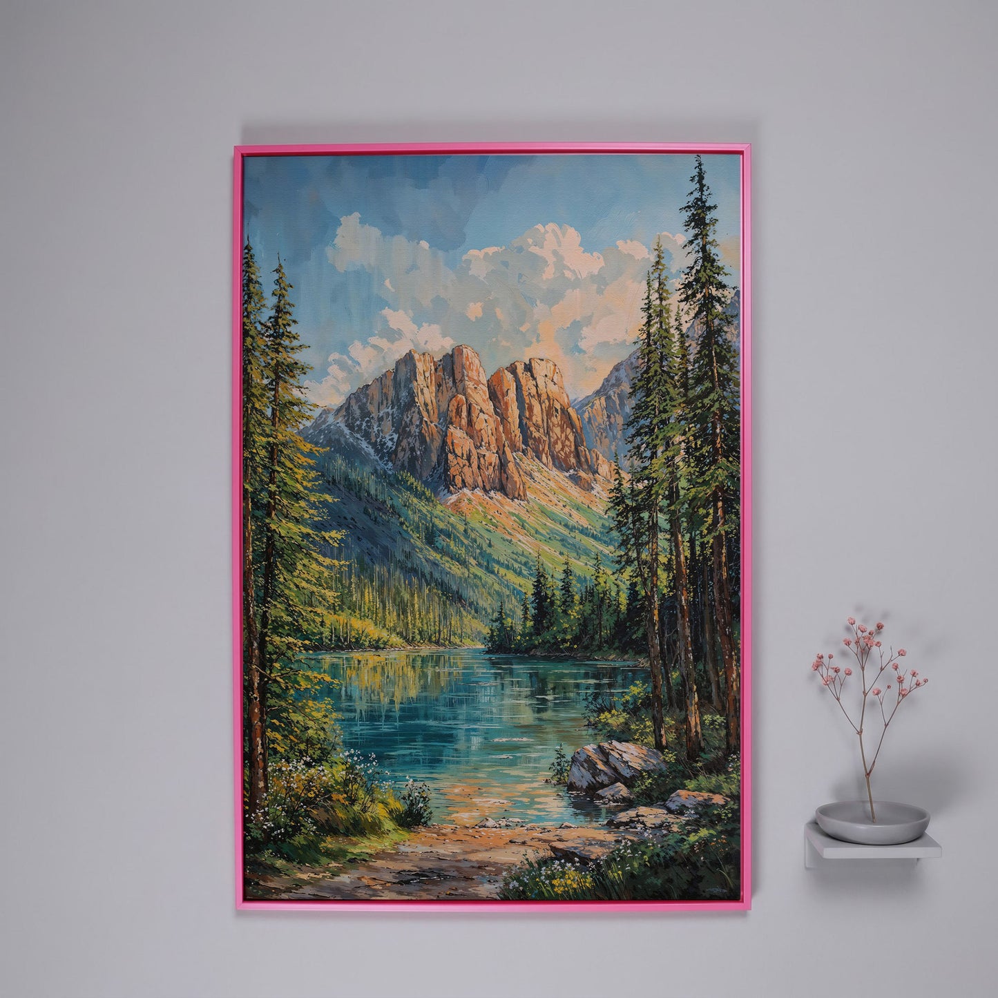 Mountain Wilderness Canvas. Panoramic Lake and Pine in pink floating frame