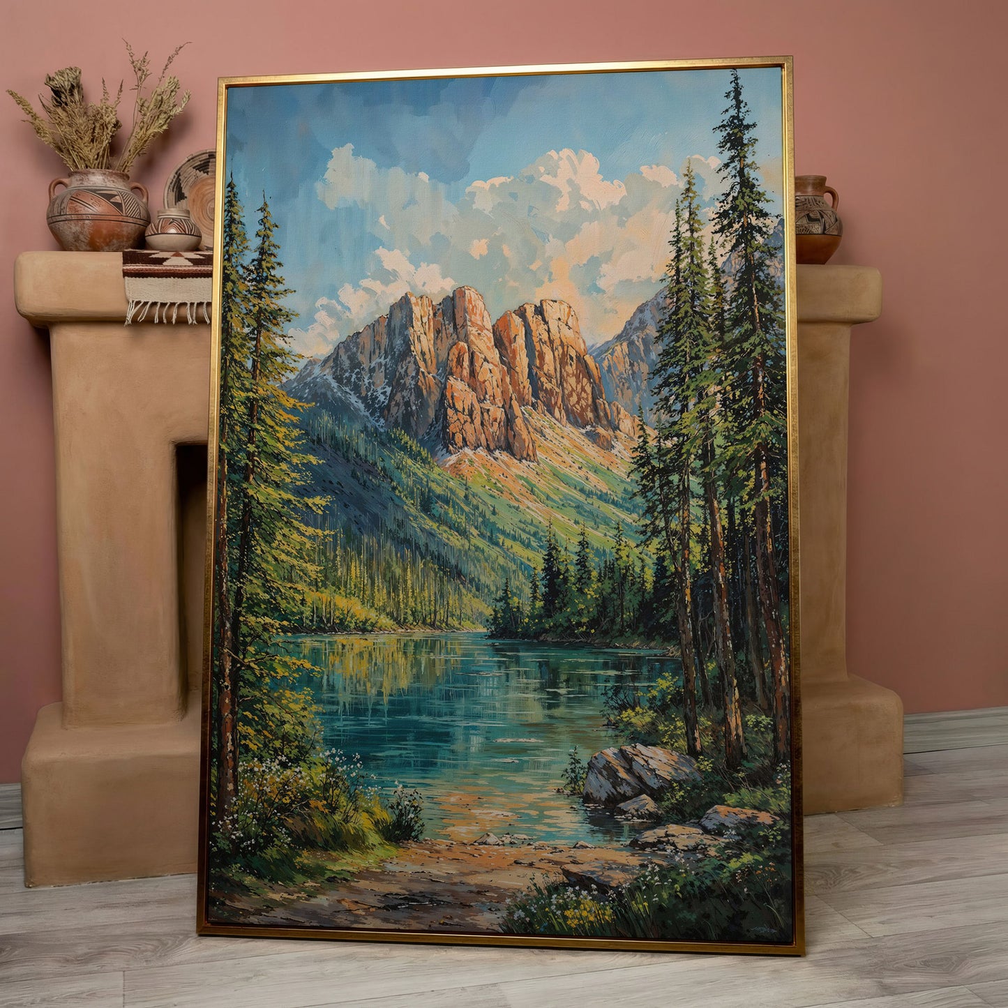 Mountain Wilderness Canvas. Panoramic Lake and Pine in rose gold floating frame