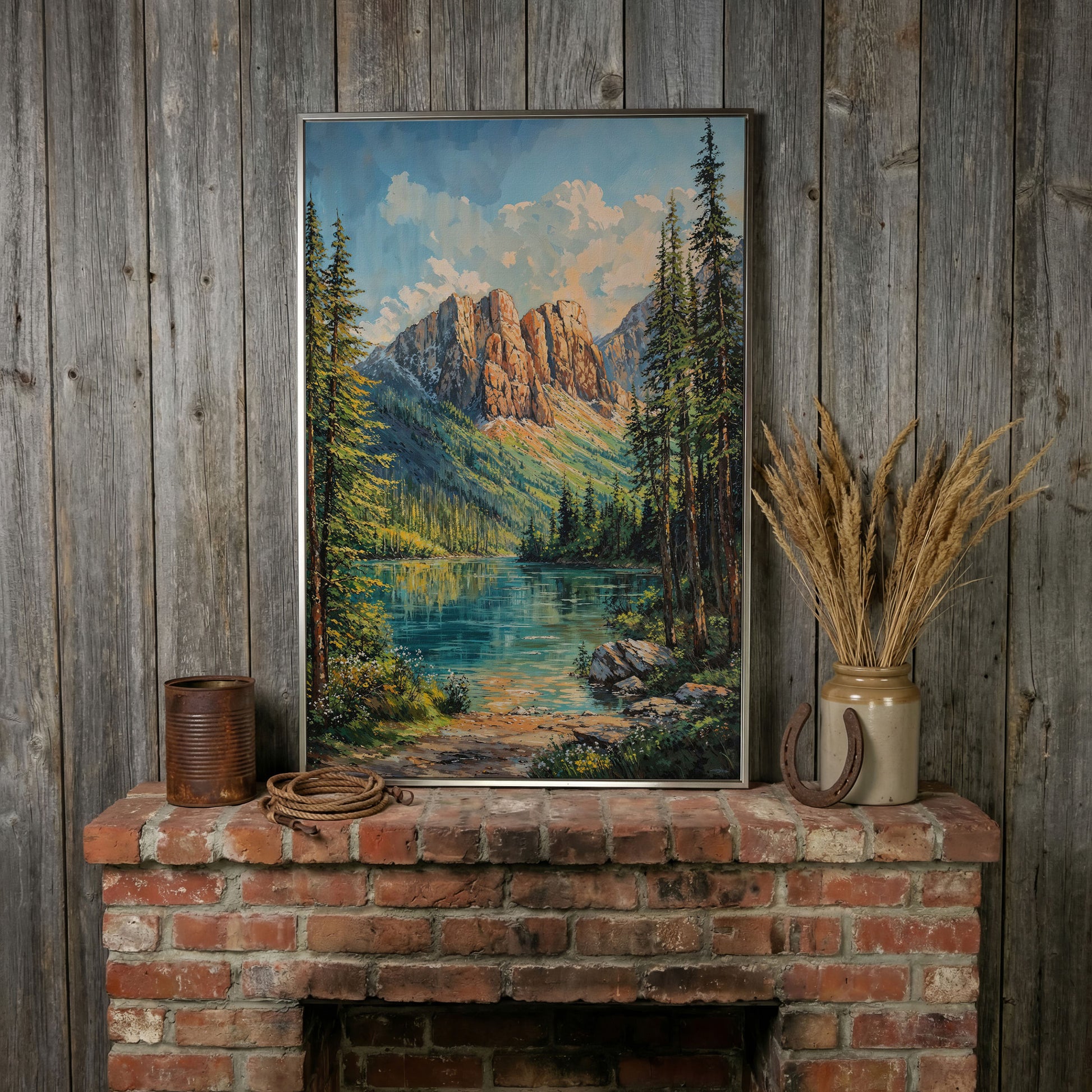 Mountain Wilderness Canvas. Panoramic Lake and Pine in silver floating frame