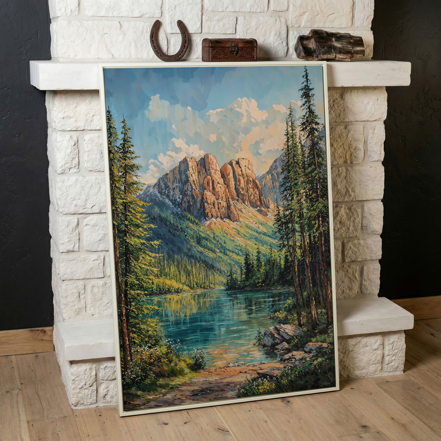 Mountain Wilderness Canvas. Panoramic Lake and Pine in white floating frame