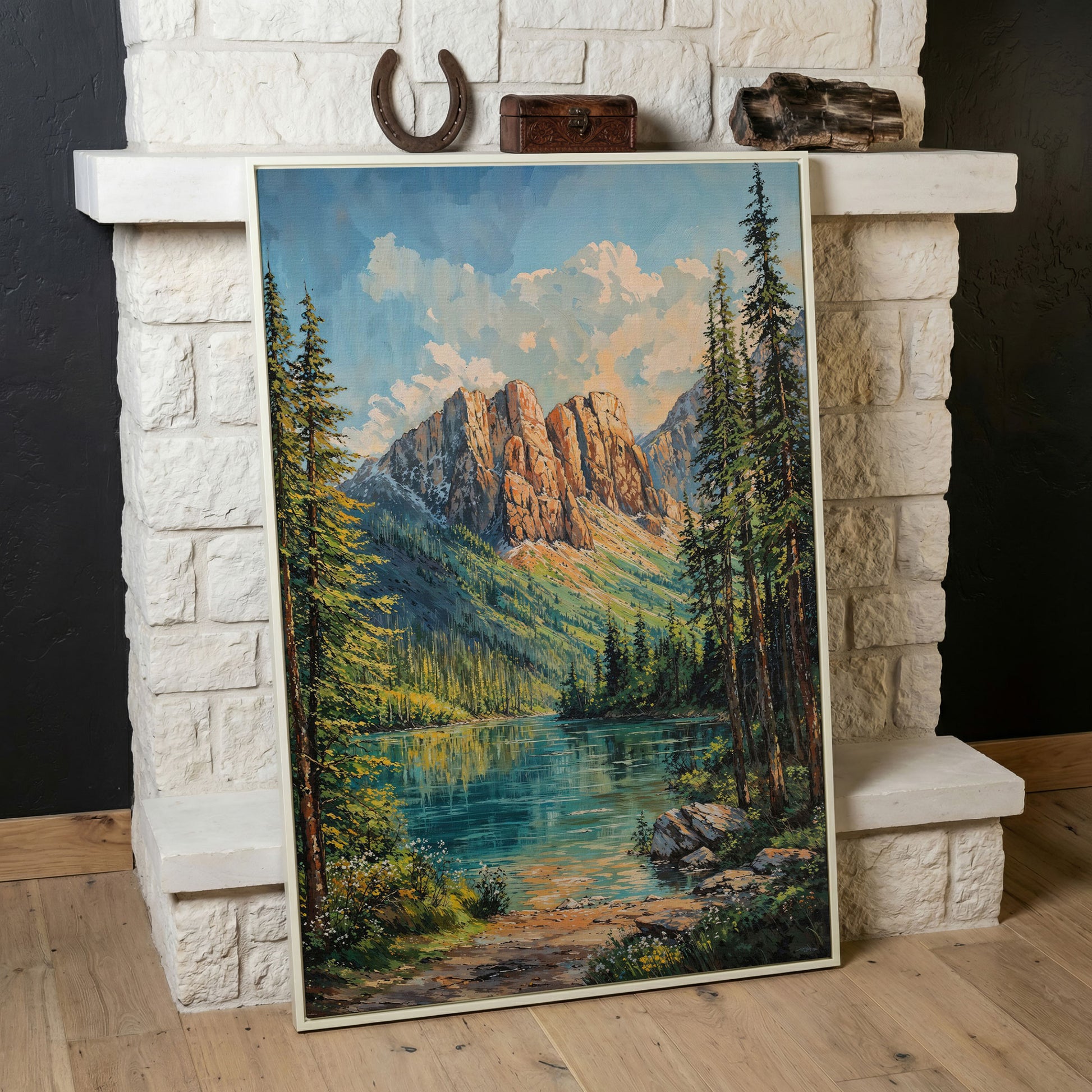 Mountain Wilderness Canvas. Panoramic Lake and Pine in white floating frame