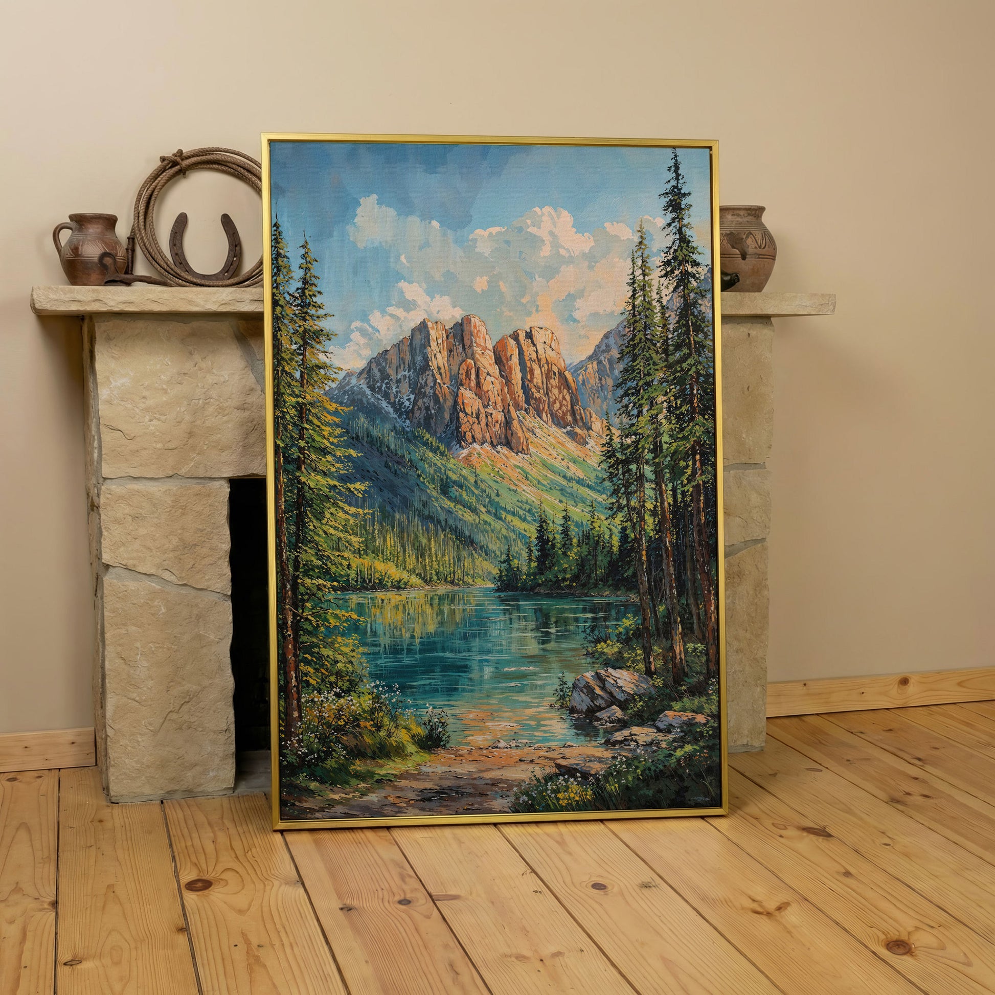 Mountain Wilderness Canvas. Panoramic Lake and Pine in yellow gold floating frame