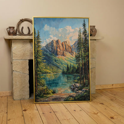 Mountain Wilderness Canvas. Panoramic Lake and Pine in yellow gold floating frame