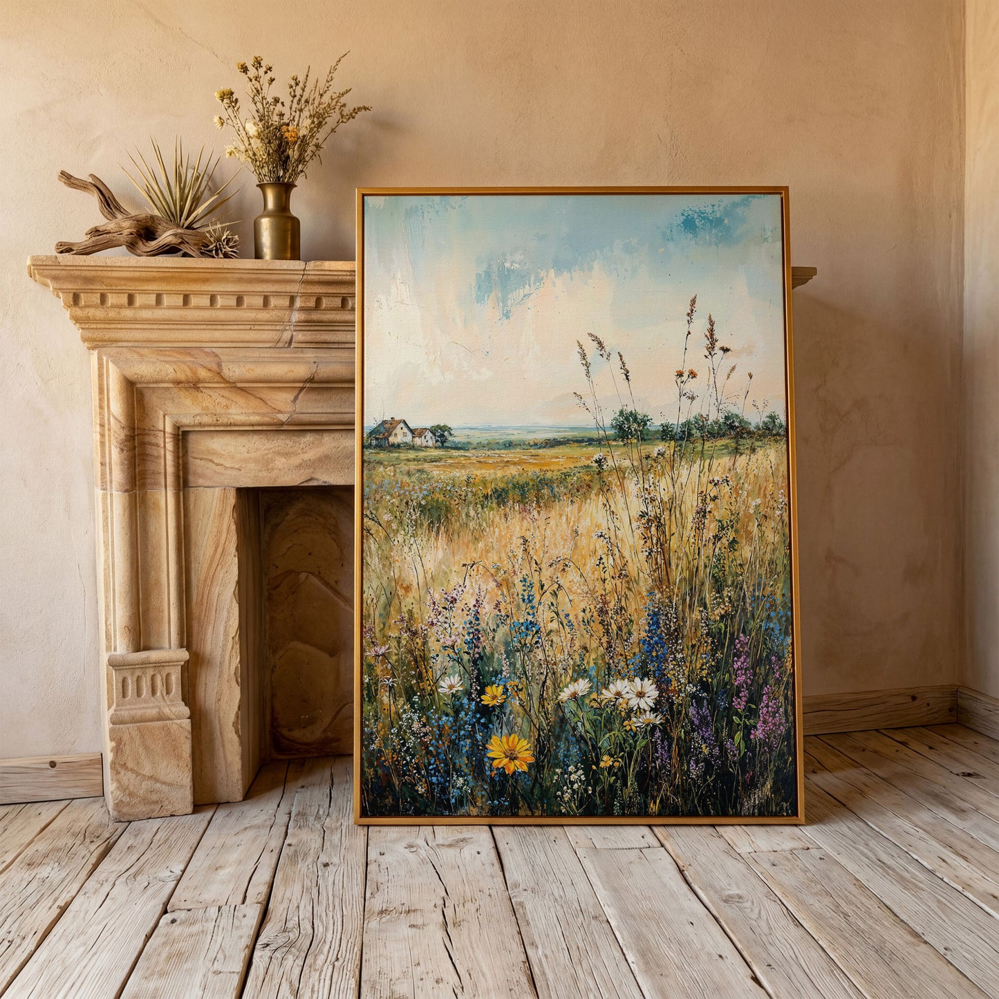 Wildflower Field and Golden Prairie Landscape Canvas Art in antique gold floating frame