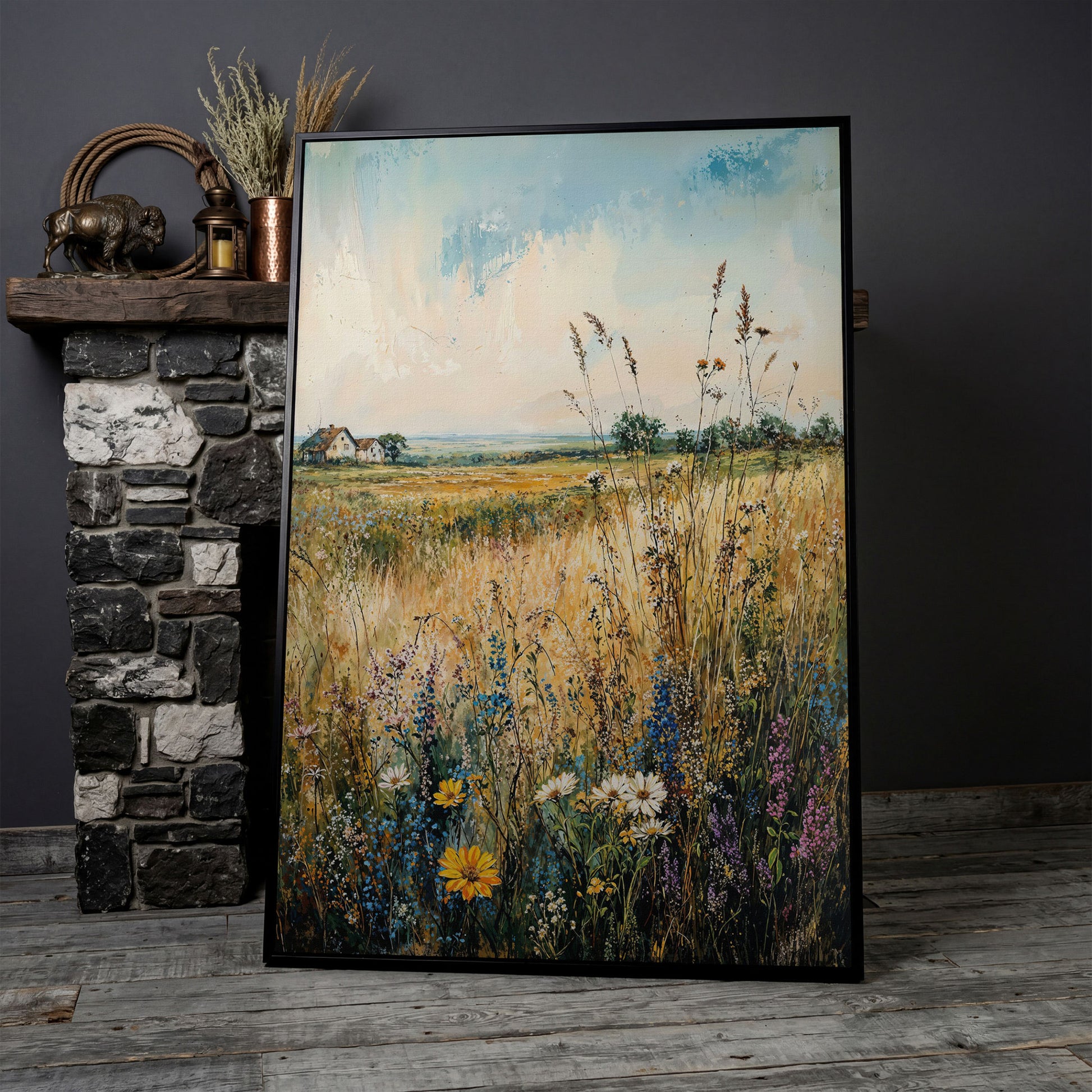 Wildflower Field and Golden Prairie Landscape Canvas Art in black floating frame
