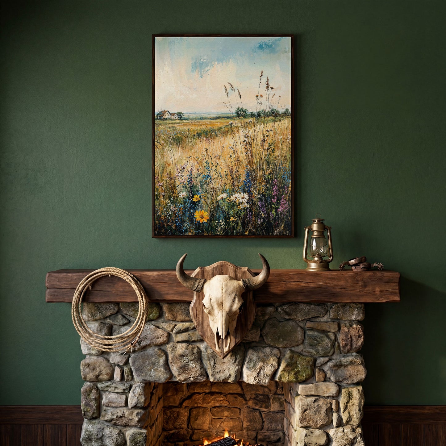 Wildflower Field and Golden Prairie Landscape Canvas Art in dark walnut floating frame