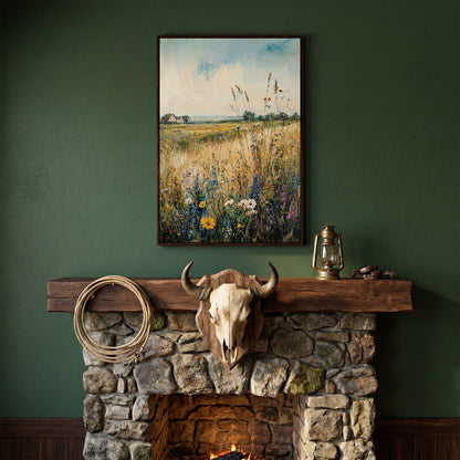 Wildflower Field and Golden Prairie Landscape Canvas Art in dark walnut floating frame