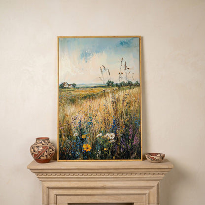 Wildflower Field and Golden Prairie Landscape Canvas Art in white oak floating frame