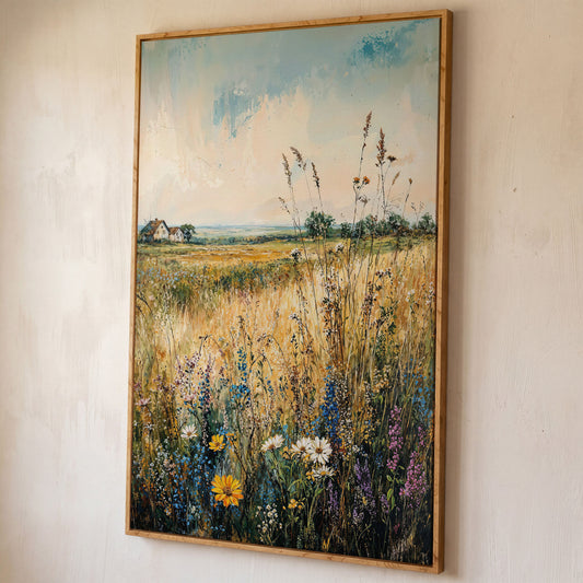Wildflower Field and Golden Prairie Landscape Canvas Art shown in white oak floating frame