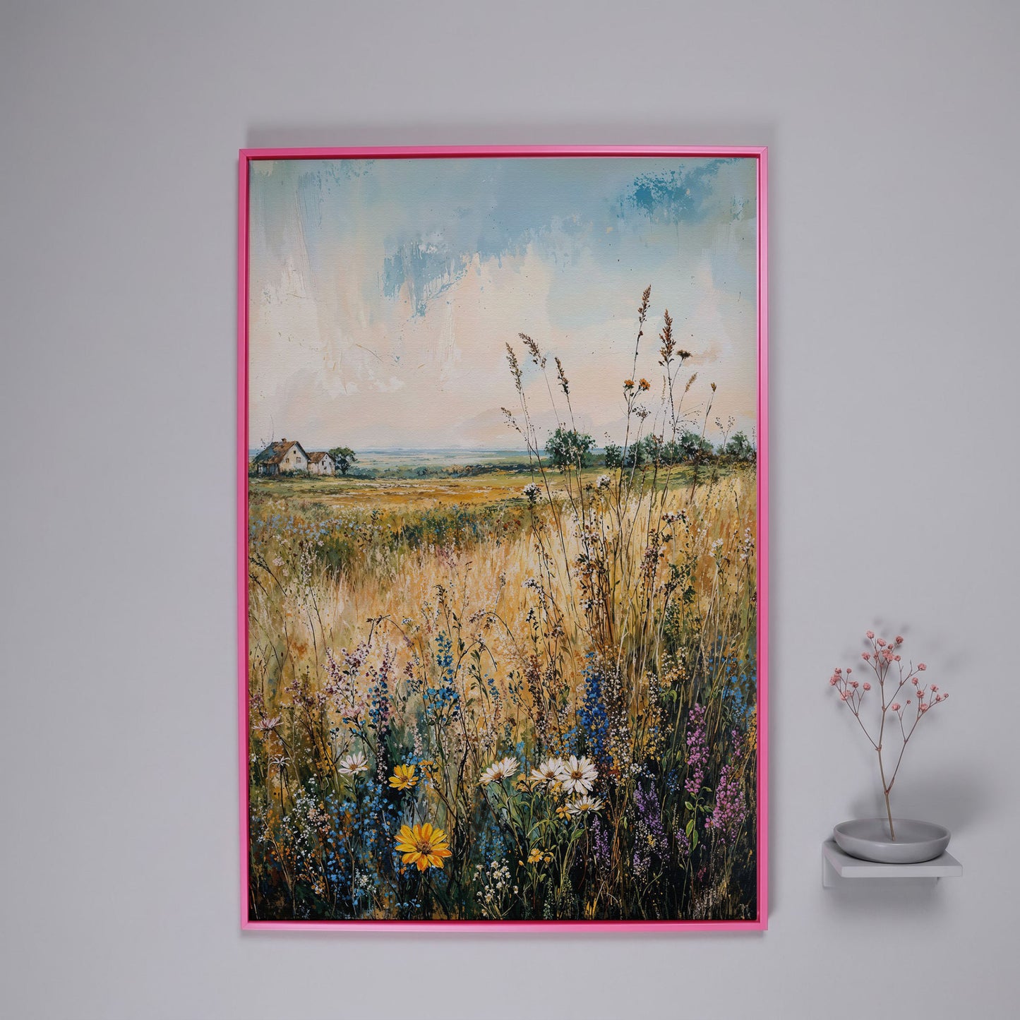 Wildflower Field and Golden Prairie Landscape Canvas Art in pink floating frame
