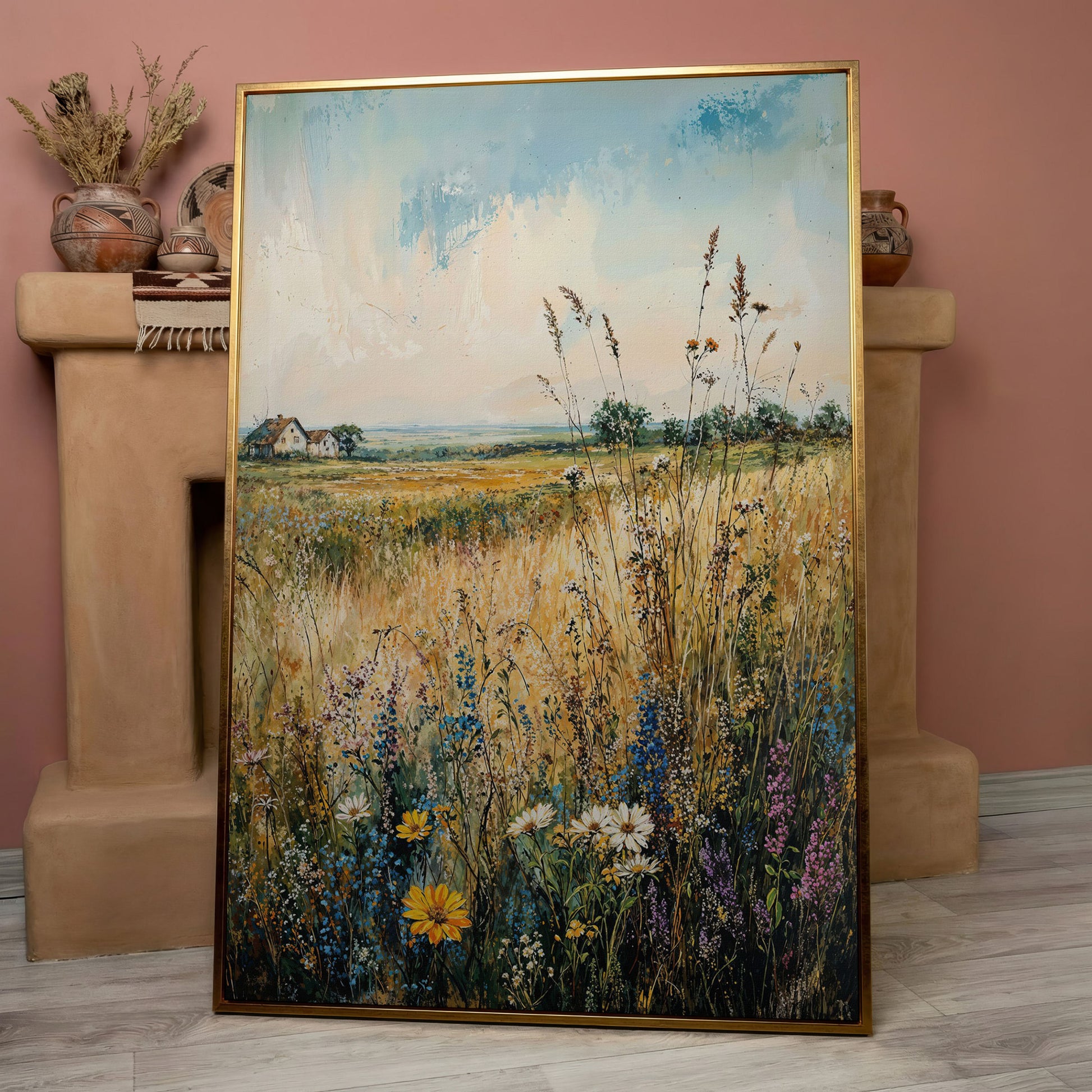 Wildflower Field and Golden Prairie Landscape Canvas Art in rose gold floating frame