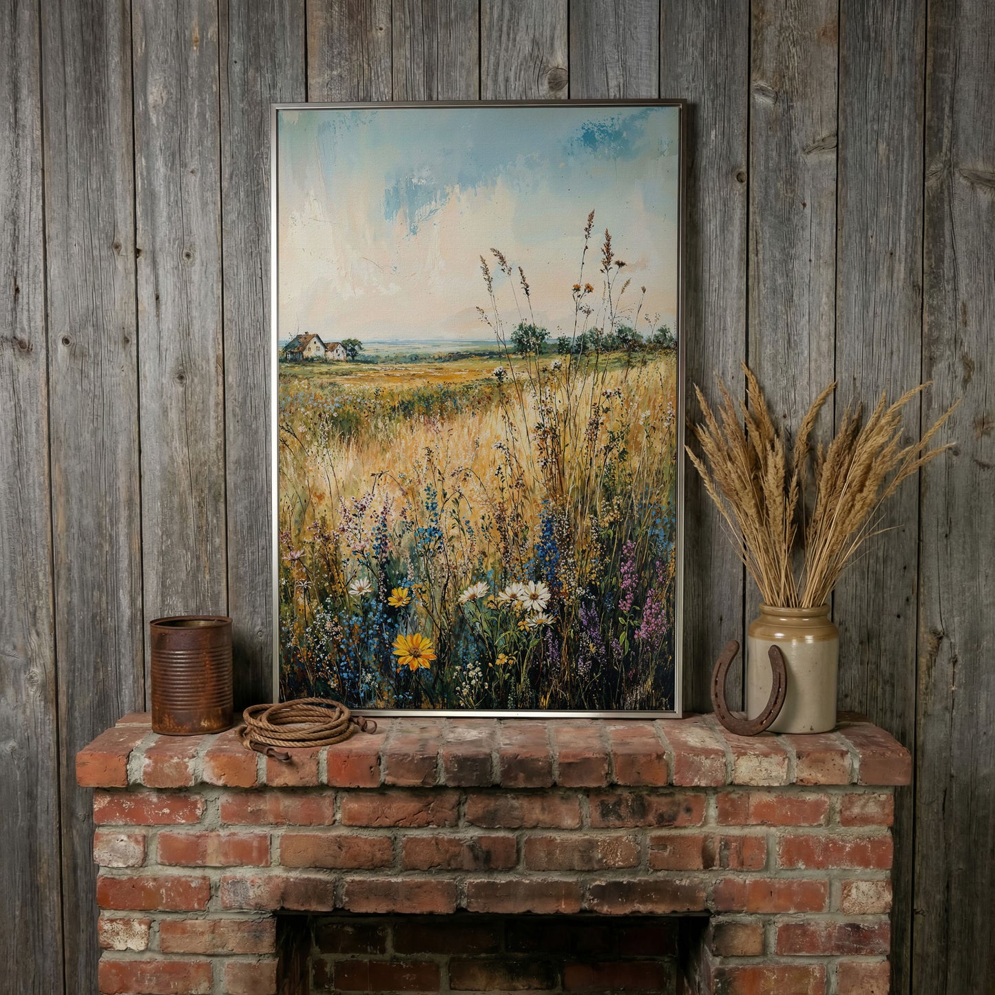 Wildflower Field and Golden Prairie Landscape Canvas Art in silver floating frame