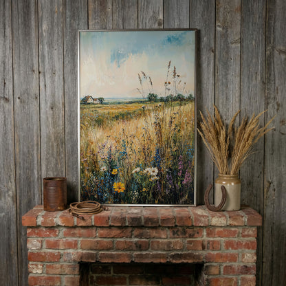 Wildflower Field and Golden Prairie Landscape Canvas Art in silver floating frame
