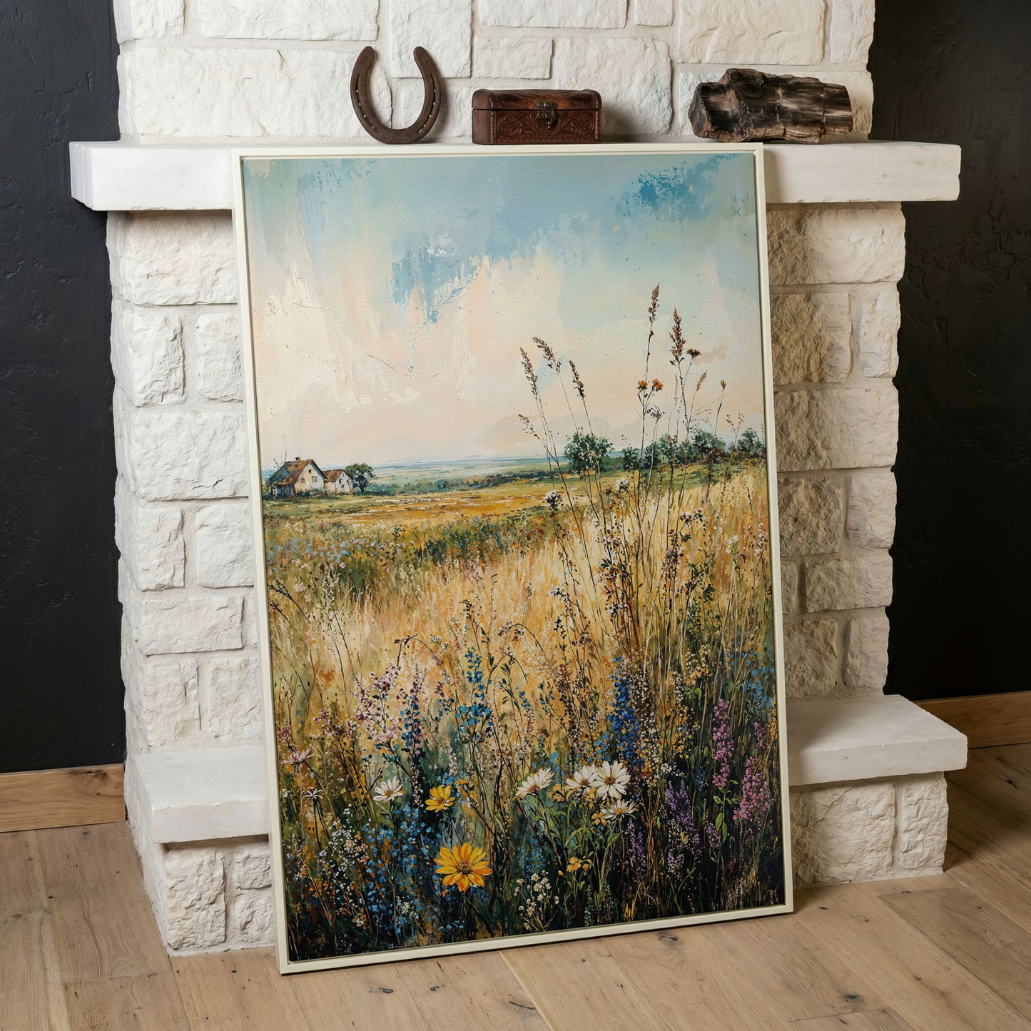 Wildflower Field and Golden Prairie Landscape Canvas Art in white floating frame