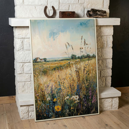 Wildflower Field and Golden Prairie Landscape Canvas Art in white floating frame