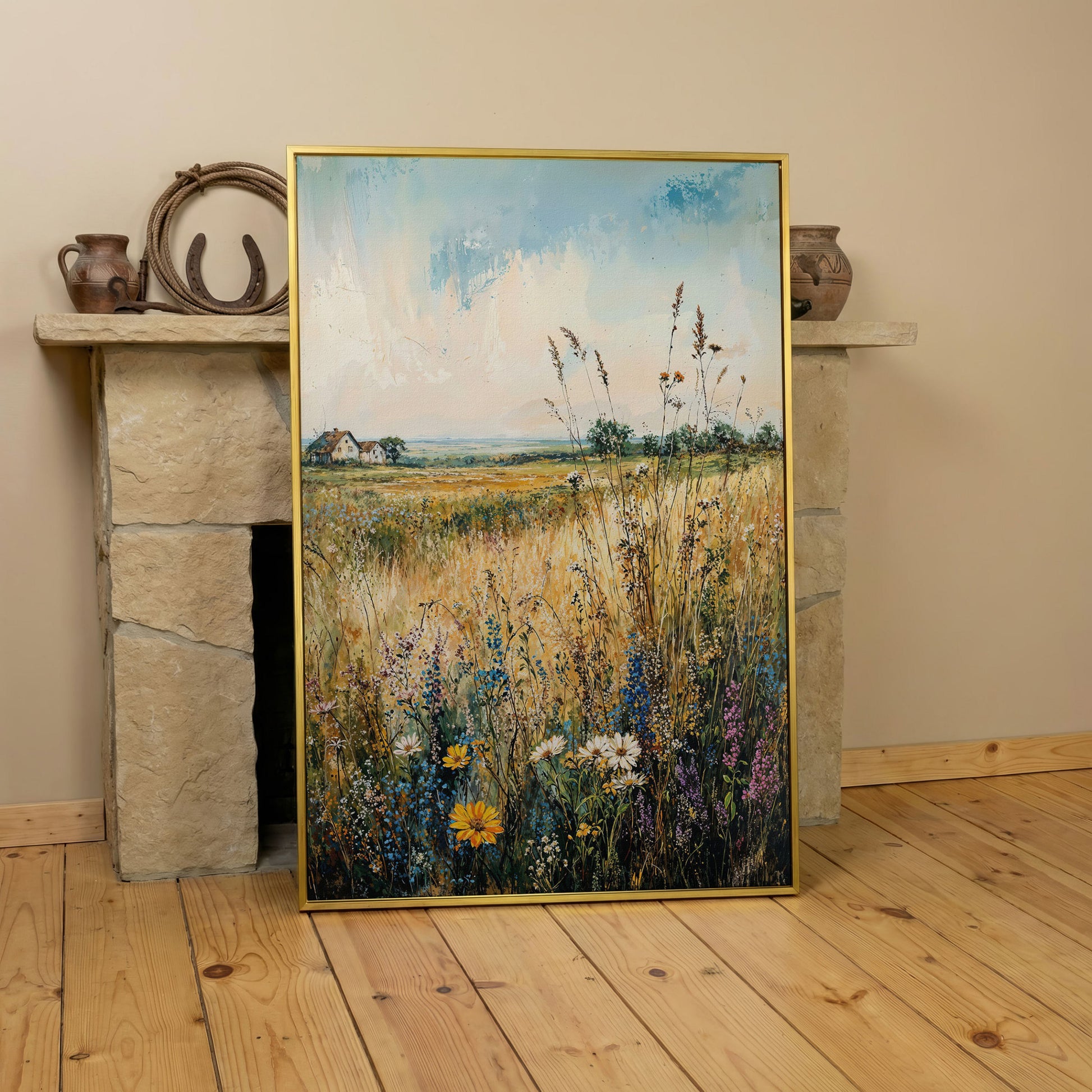 Wildflower Field and Golden Prairie Landscape Canvas Art in yellow gold floating frame