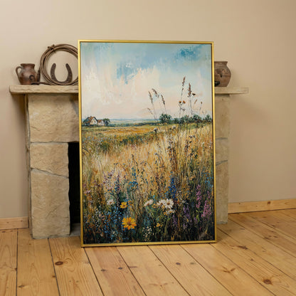 Wildflower Field and Golden Prairie Landscape Canvas Art in yellow gold floating frame