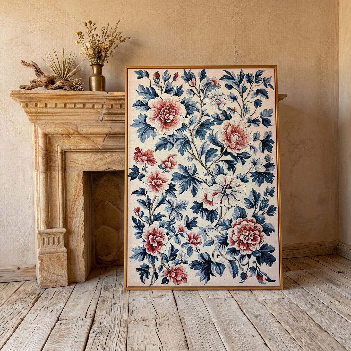 Chinoiserie Peony Blossoms Canvas Wall Art in antique gold floating frame