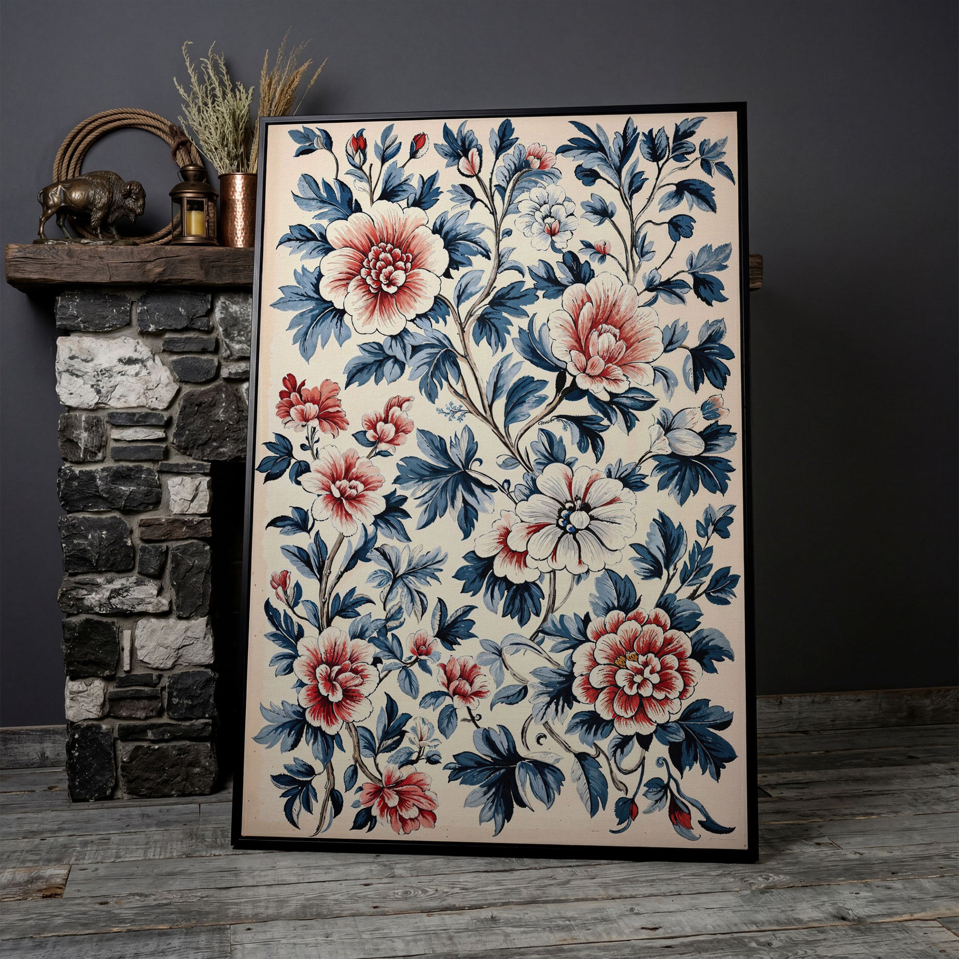Chinoiserie Peony Blossoms Canvas Wall Art in black floating frame