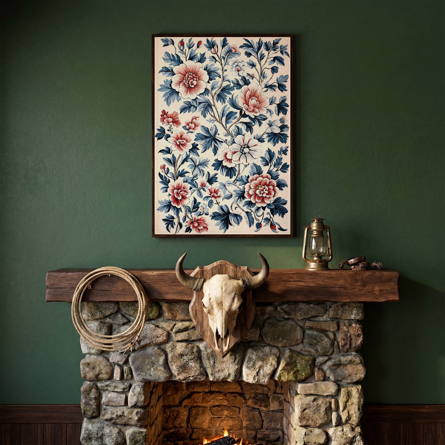 Chinoiserie Peony Blossoms Canvas Wall Art in dark walnut floating frame