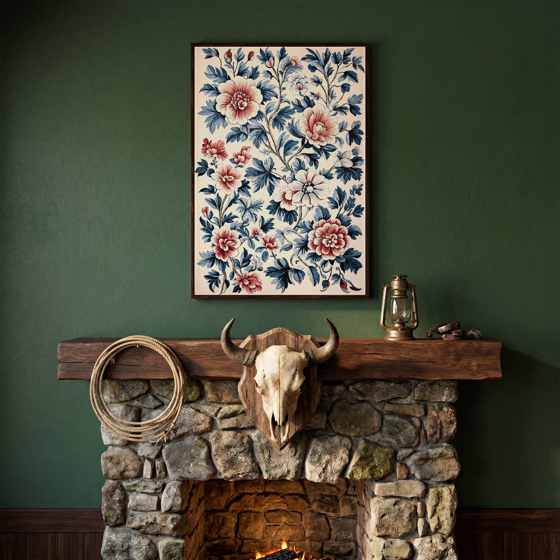 Chinoiserie Peony Blossoms Canvas Wall Art in dark walnut floating frame