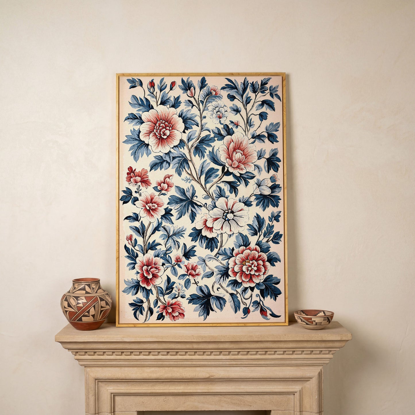 Chinoiserie Peony Blossoms Canvas Wall Art in white oak floating frame