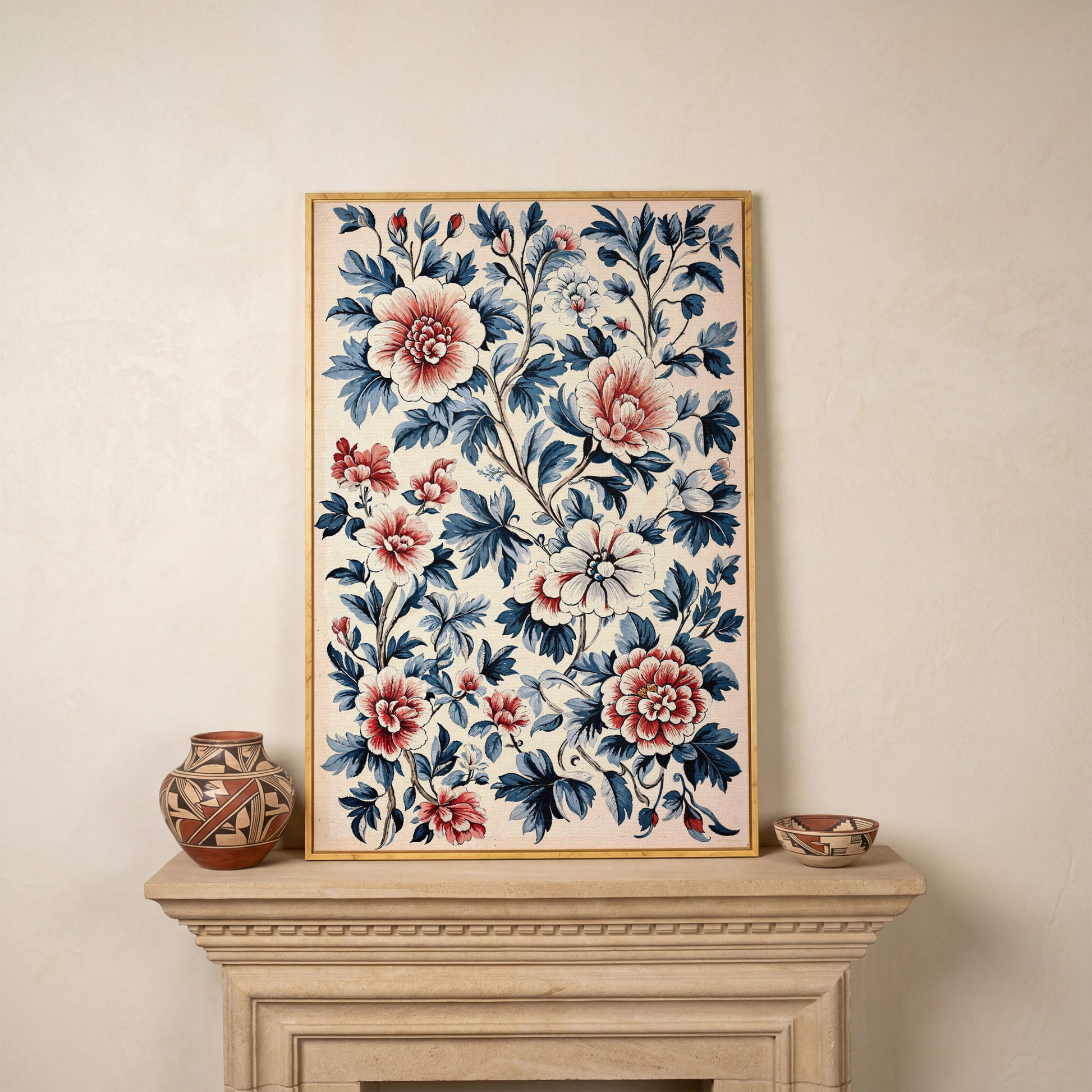 Chinoiserie Peony Blossoms Canvas Wall Art in white oak floating frame