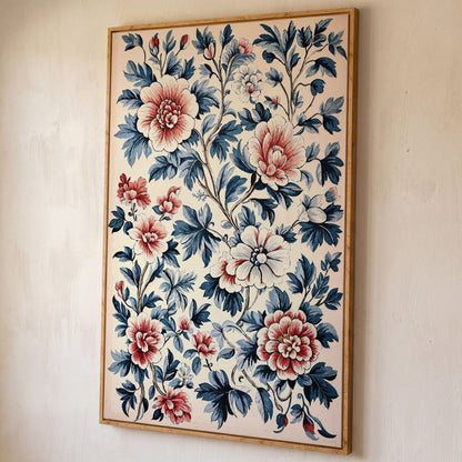 Chinoiserie Peony Blossoms Canvas Wall Art shown in white oak floating frame