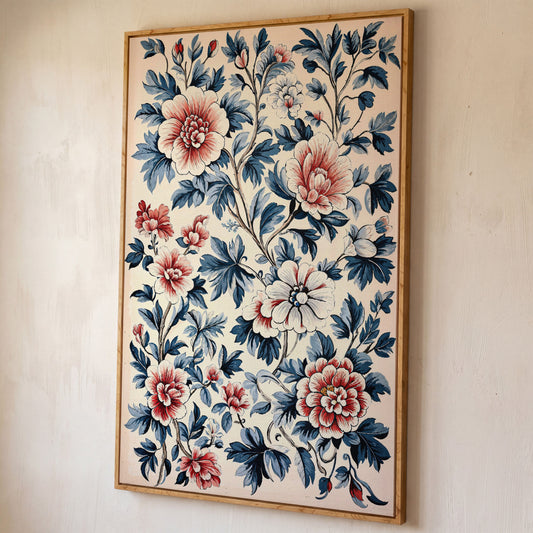 Chinoiserie Peony Blossoms Canvas Wall Art shown in white oak floating frame
