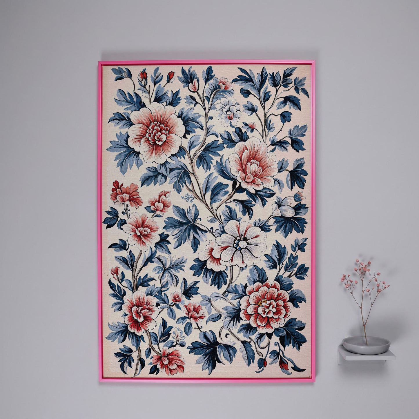 Chinoiserie Peony Blossoms Canvas Wall Art in pink floating frame