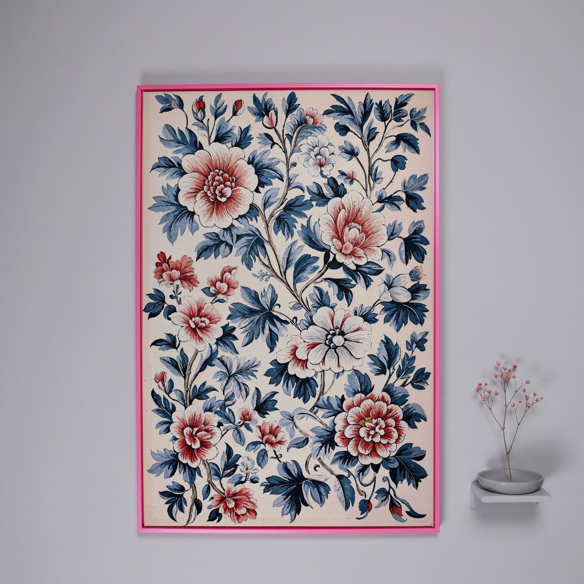 Chinoiserie Peony Blossoms Canvas Wall Art in pink floating frame