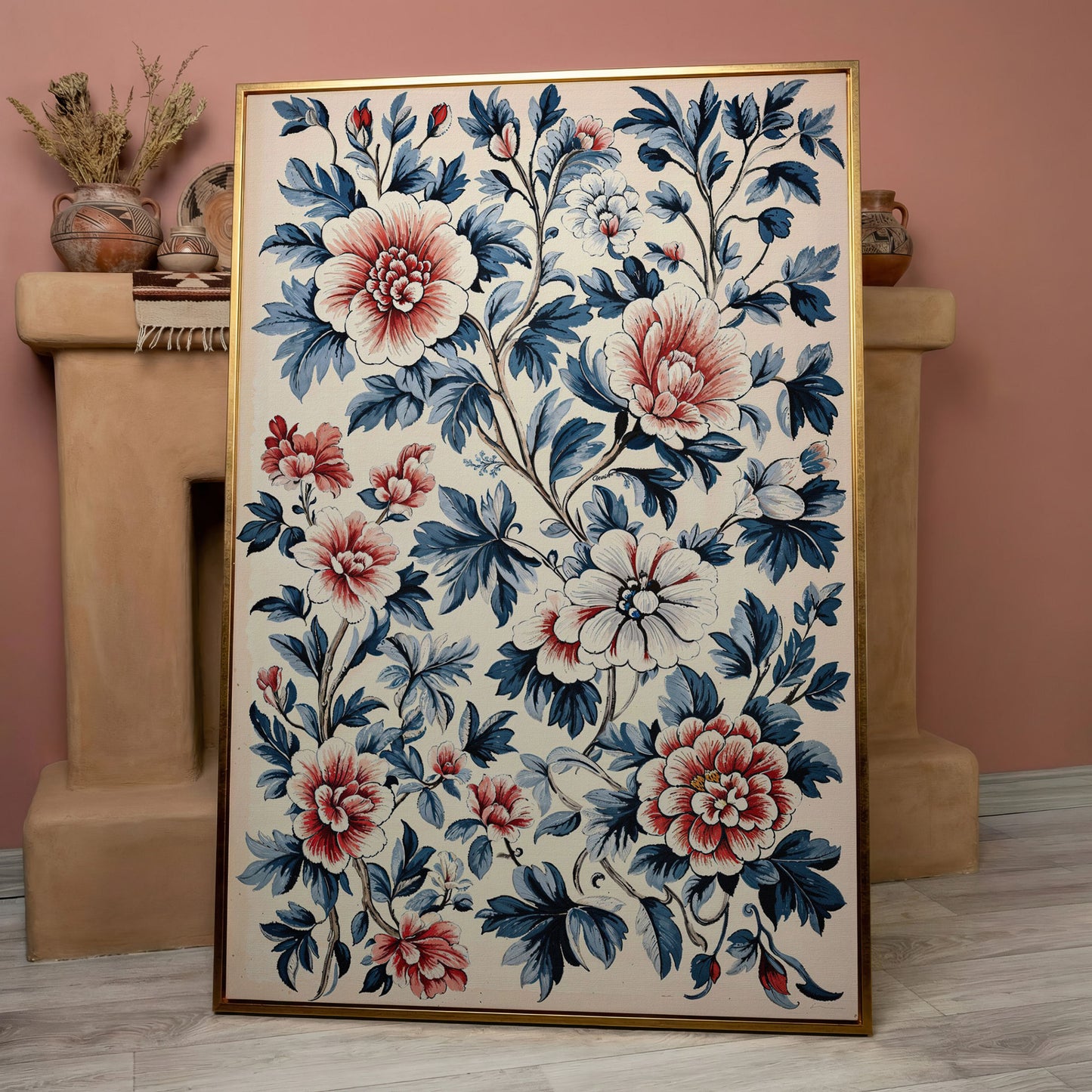 Chinoiserie Peony Blossoms Canvas Wall Art in rose gold floating frame