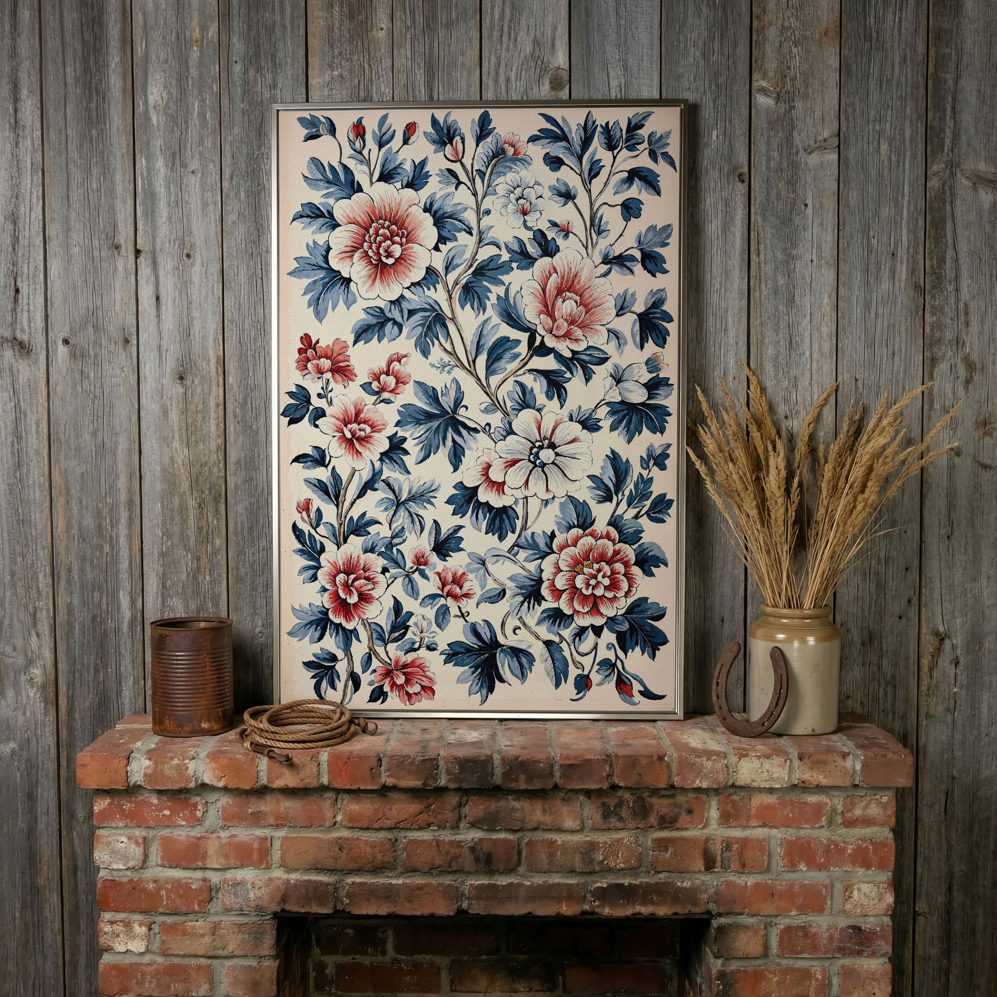Chinoiserie Peony Blossoms Canvas Wall Art in silver floating frame
