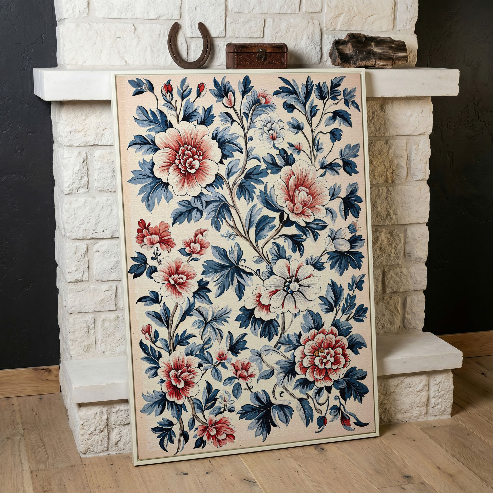 Chinoiserie Peony Blossoms Canvas Wall Art in white floating frame
