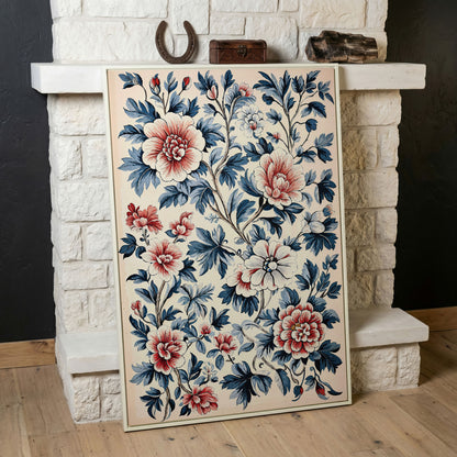 Chinoiserie Peony Blossoms Canvas Wall Art in white floating frame
