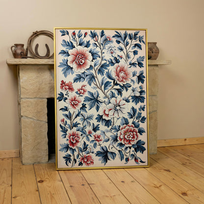 Chinoiserie Peony Blossoms Canvas Wall Art in yellow gold floating frame