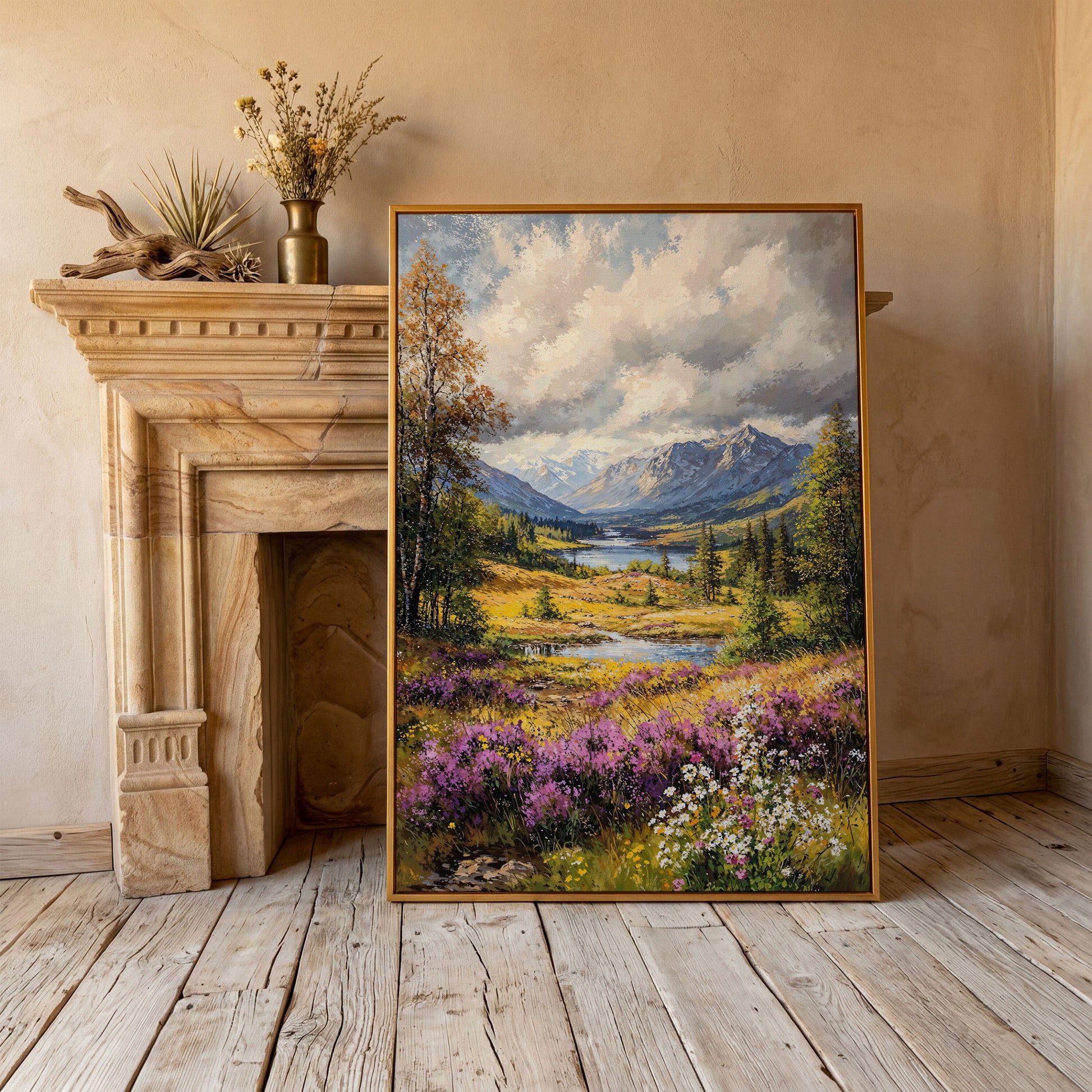 Mountain River & Wildflower Landscape Canvas in antique gold floating frame