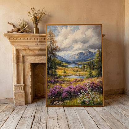 Mountain River & Wildflower Landscape Canvas in antique gold floating frame