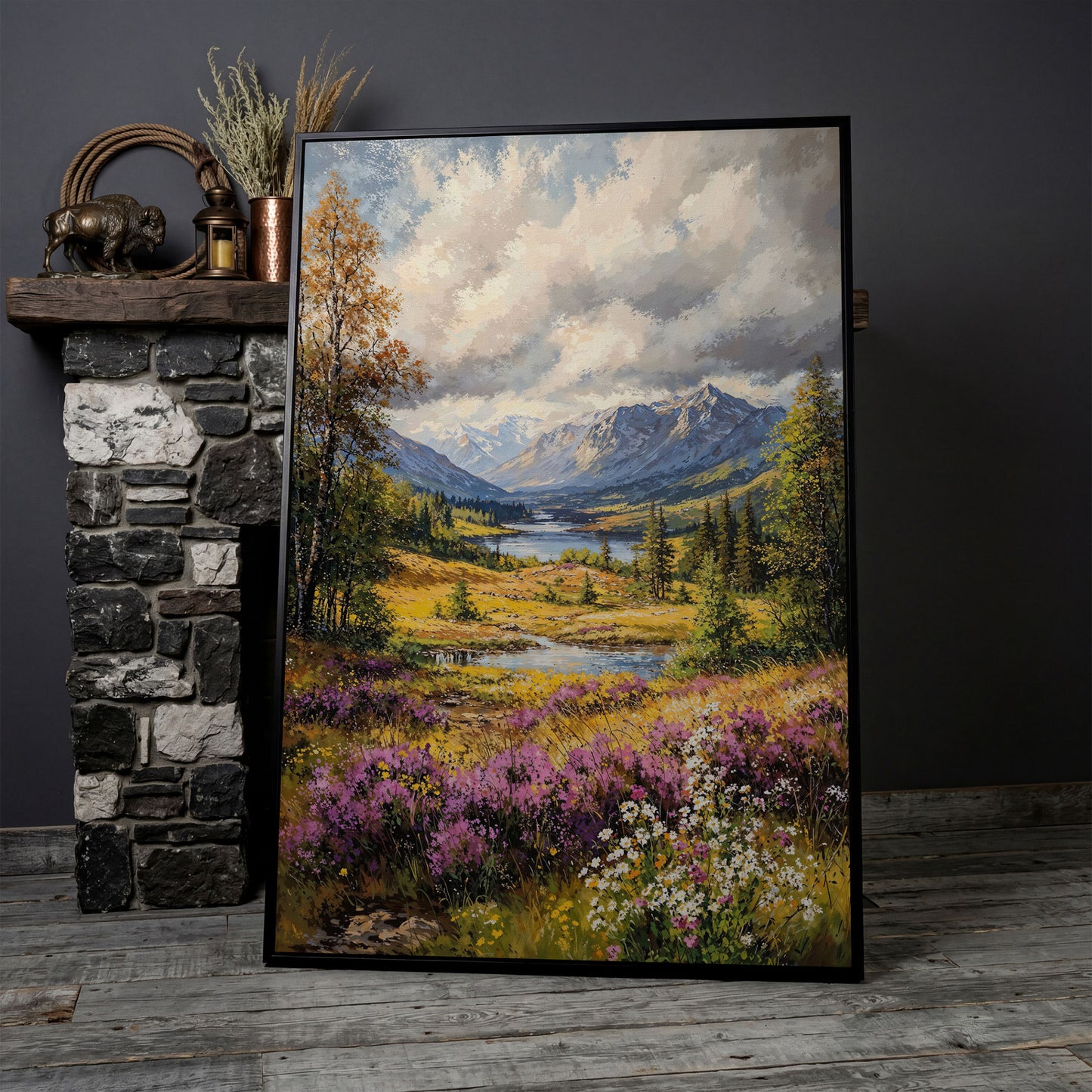 Mountain River & Wildflower Landscape Canvas in black floating frame
