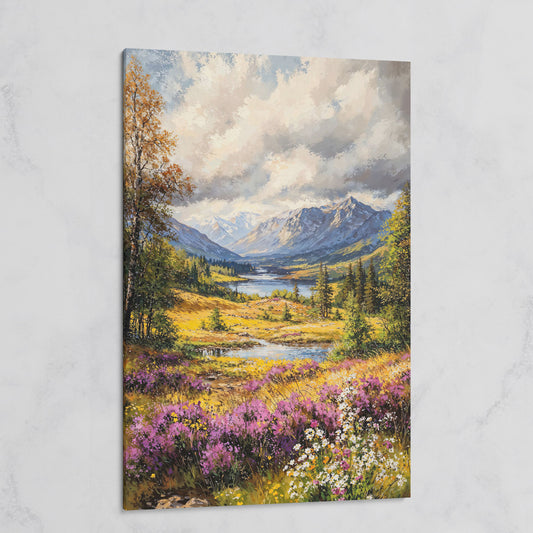 Mountain River & Wildflower Landscape Canvas on gallery wrap