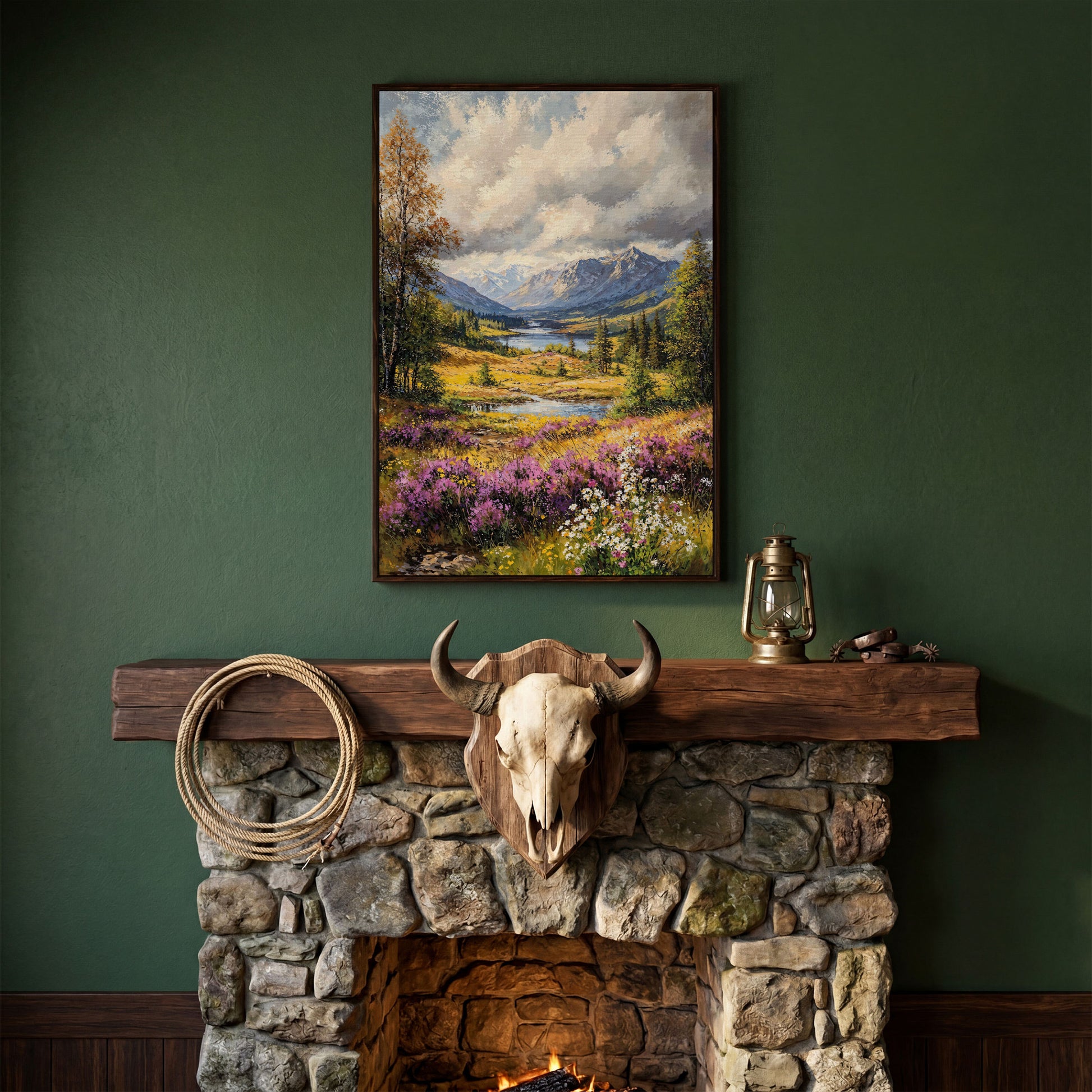 Mountain River & Wildflower Landscape Canvas in dark walnut floating frame