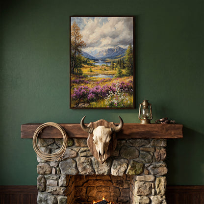 Mountain River & Wildflower Landscape Canvas in dark walnut floating frame