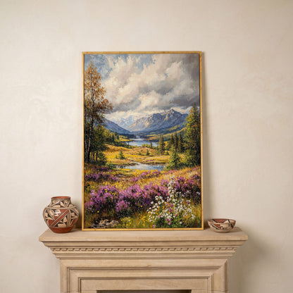 Mountain River & Wildflower Landscape Canvas in white oak floating frame