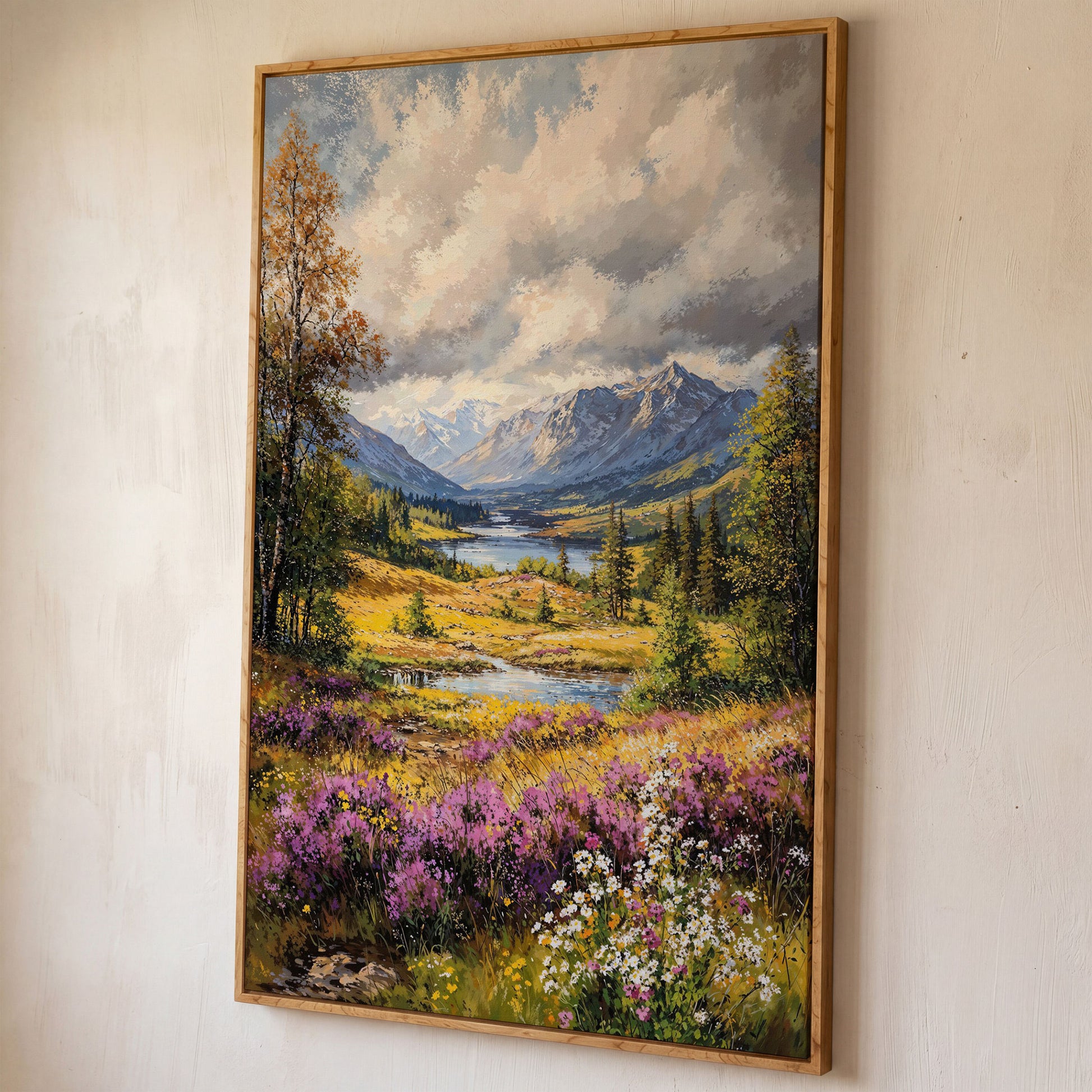 Mountain River & Wildflower Landscape Canvas shown in white oak floating frame