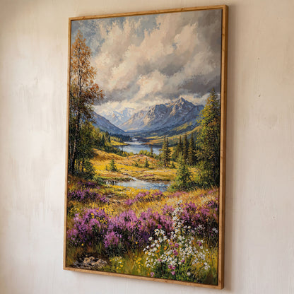 Mountain River & Wildflower Landscape Canvas shown in white oak floating frame