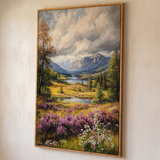Mountain River & Wildflower Landscape Canvas shown in white oak floating frame