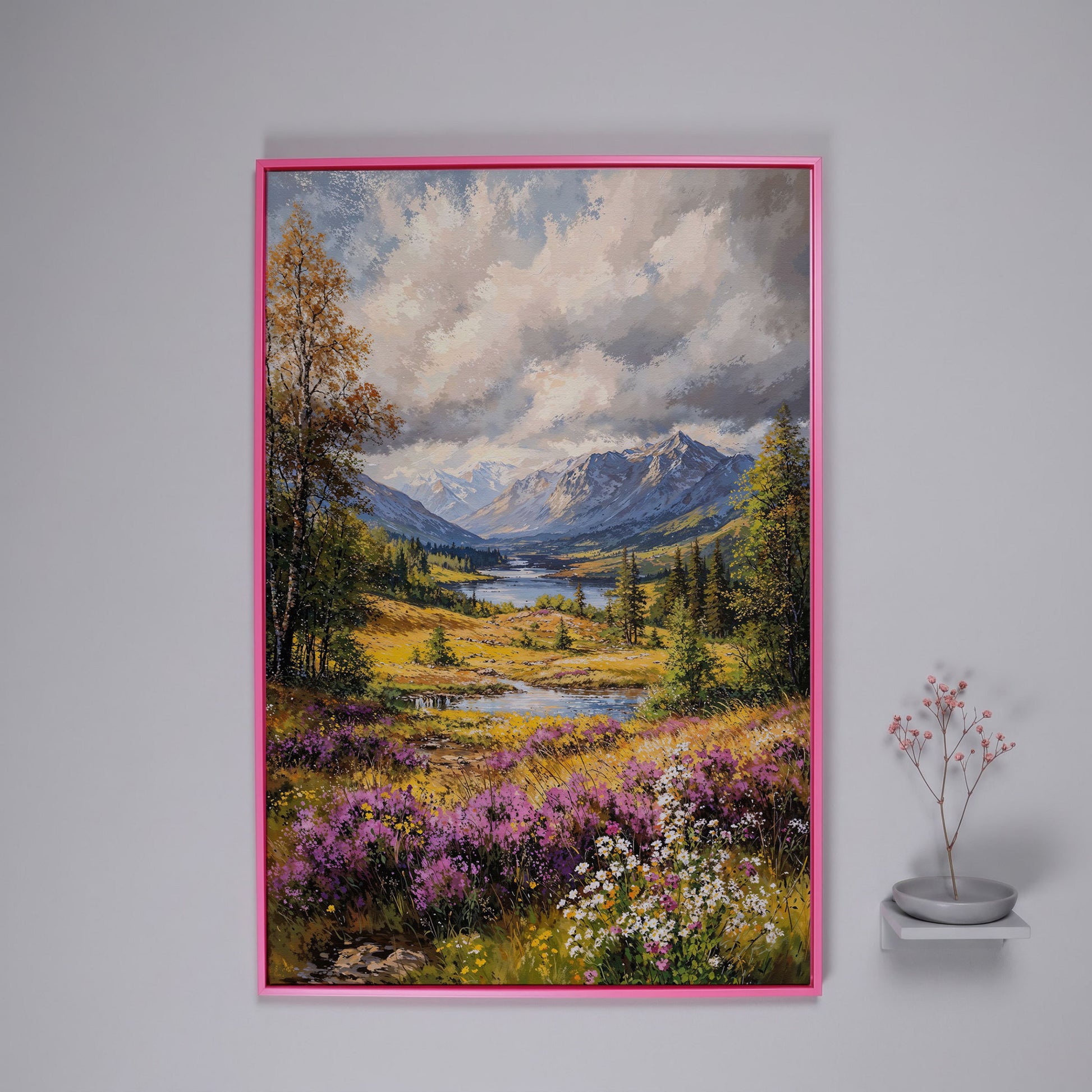 Mountain River & Wildflower Landscape Canvas in pink floating frame