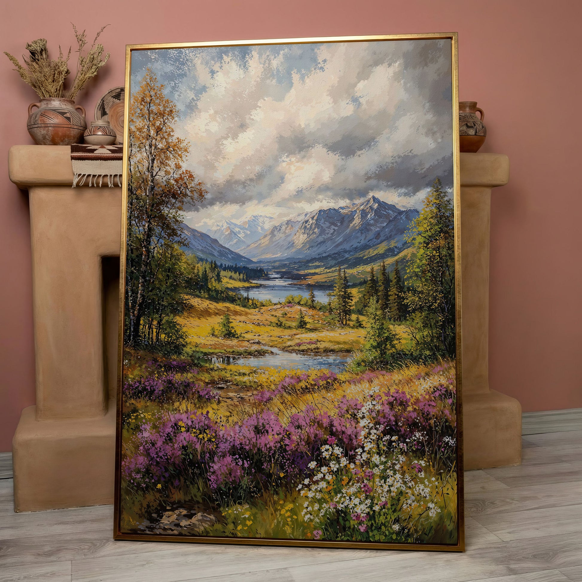 Mountain River & Wildflower Landscape Canvas in rose gold floating frame